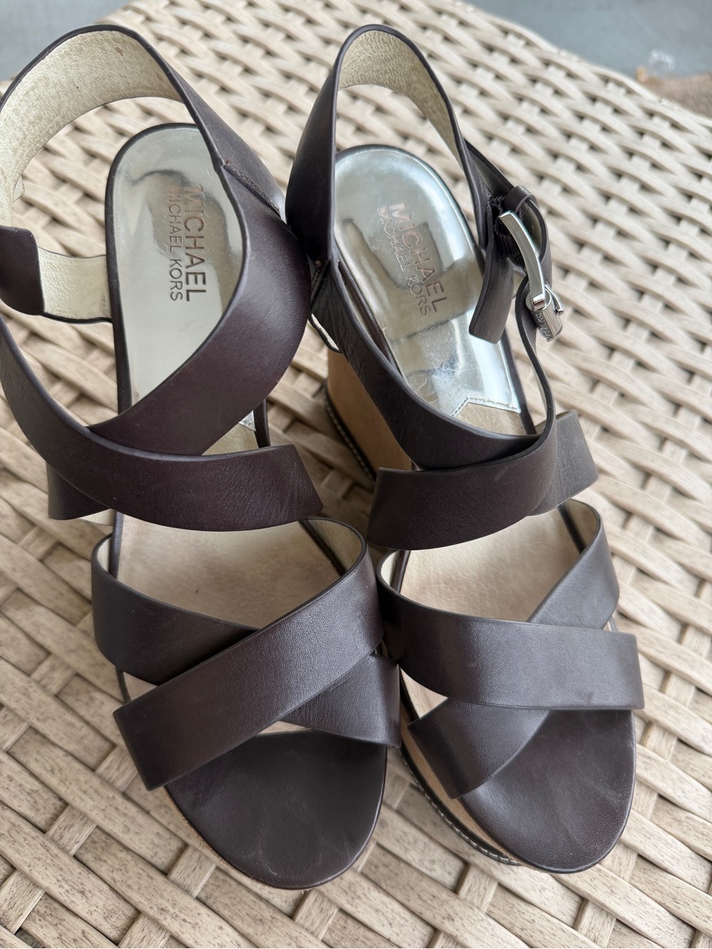 Michael Kors Dark Brown Leather Crisscross Wedge Sandals